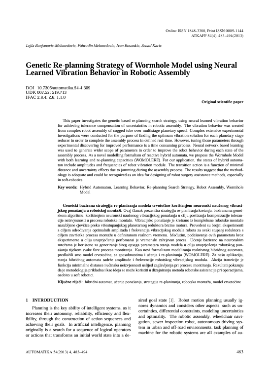 GeneticRe-planningStrategyofWormholeModelusingNeural LearnedVibrationBehaviorinRoboticAssembly